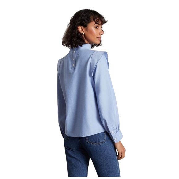 NWT EVERLANE Women’s Blue Wing Shoulder Bishop Sleeve Stand Collar Top - Picture 2 of 6